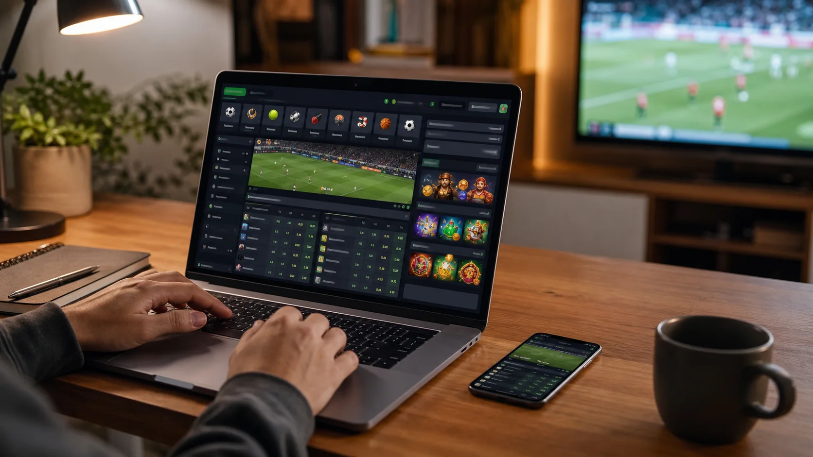 Plataforma mercadopago em notebook e celular com apostas esportivas e cassino online